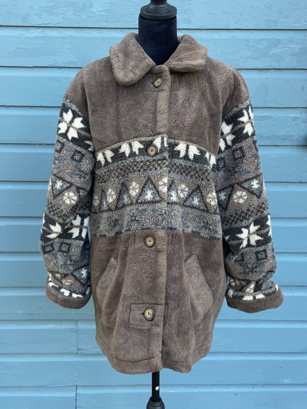 Vintage 90s Mulberry Street Coat Teddy Fair Isle Faux Shearling Cottagecore M